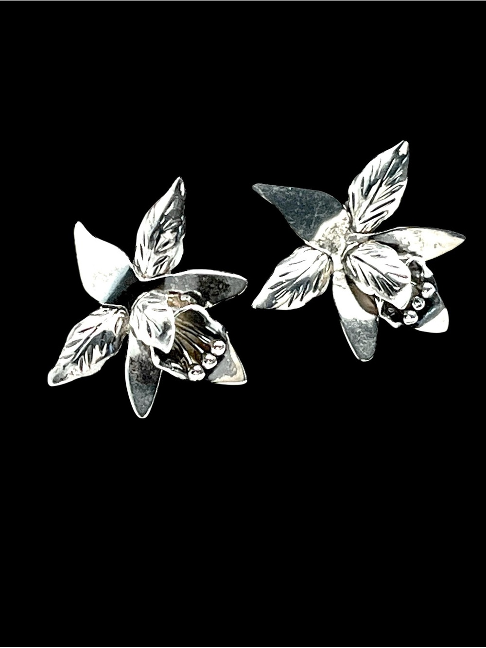 Vintage Taxco Sterling Silver Cymbidium Orchid Earrings Mexico Eagle 3 - Picture 3 of 8
